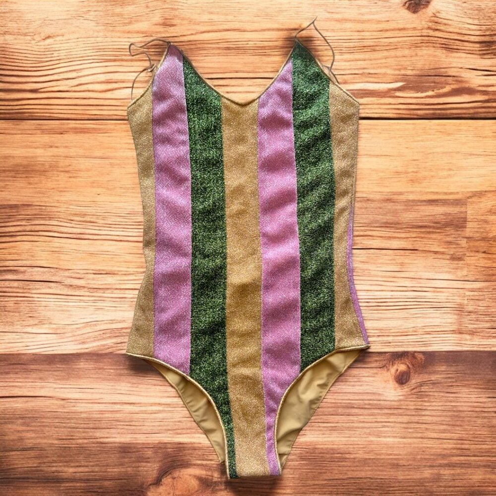 Oseree Gold, Green, and Pink Striped One-Piece Swimsuit - Picture 2 of 4